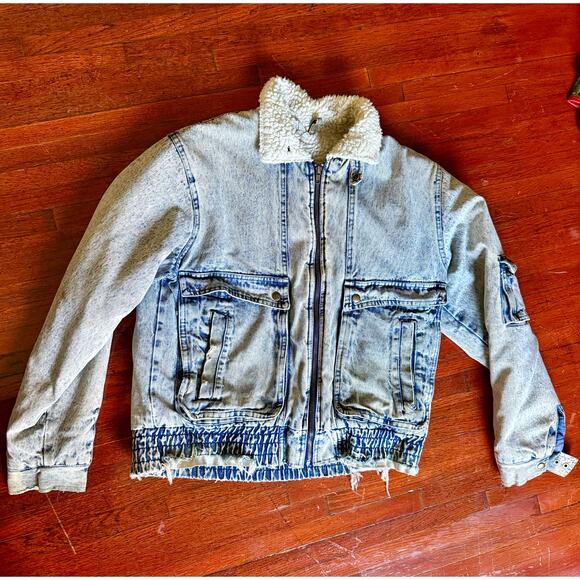 Vintage 80’s Hugo Valentino Acid Wash Denim Sherpa Lined Jacket Medium Fall Punk - Picture 1 of 8